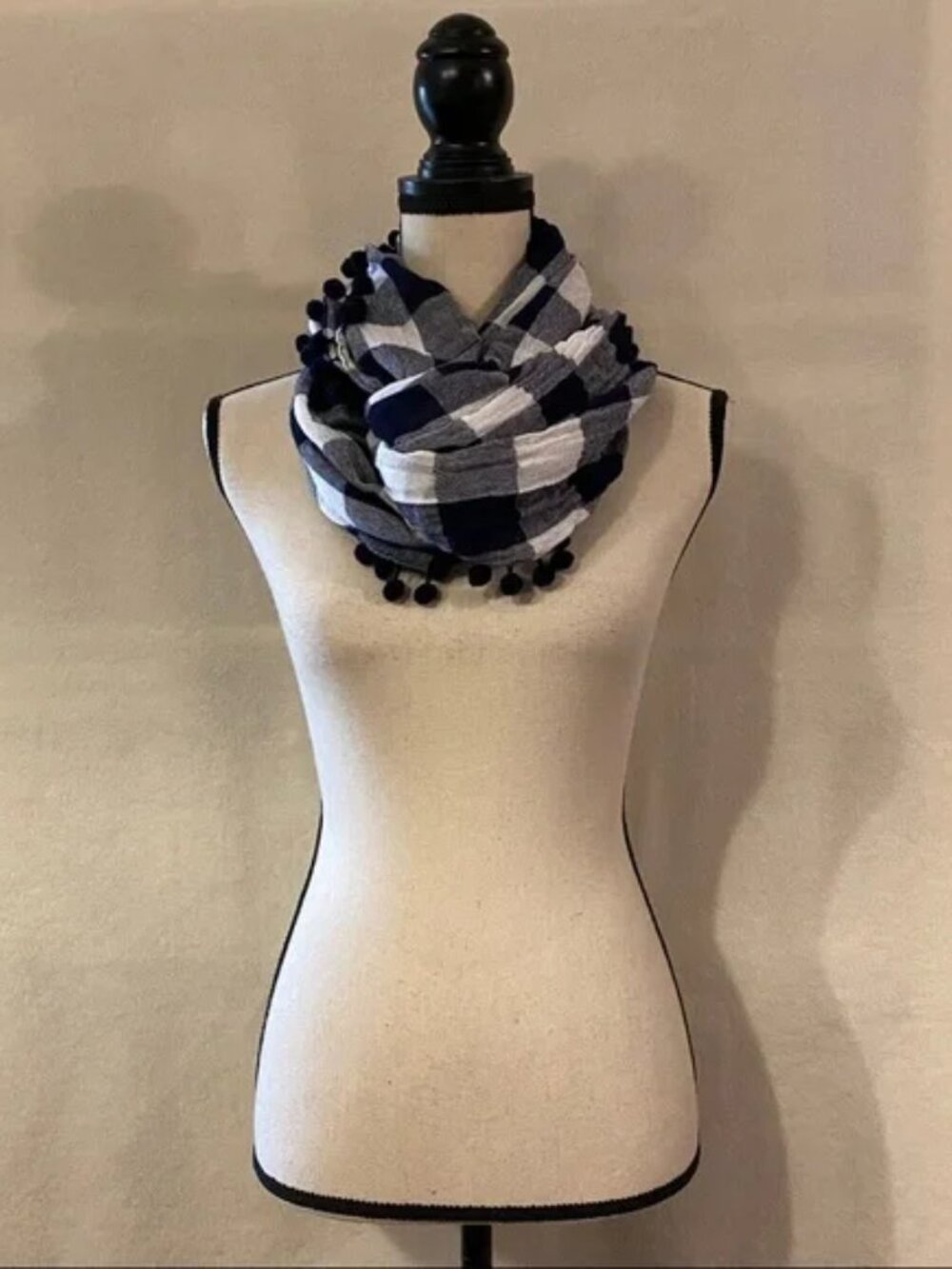 Crown & Ivy navy blue & white gingham cotton infinity scarf pom pom trim